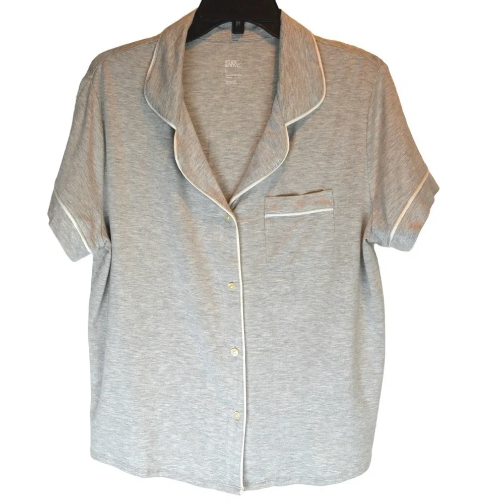 Stars Above Beautifully Soft Short Sleeve‎ Notch Collar Top, Grey - Large